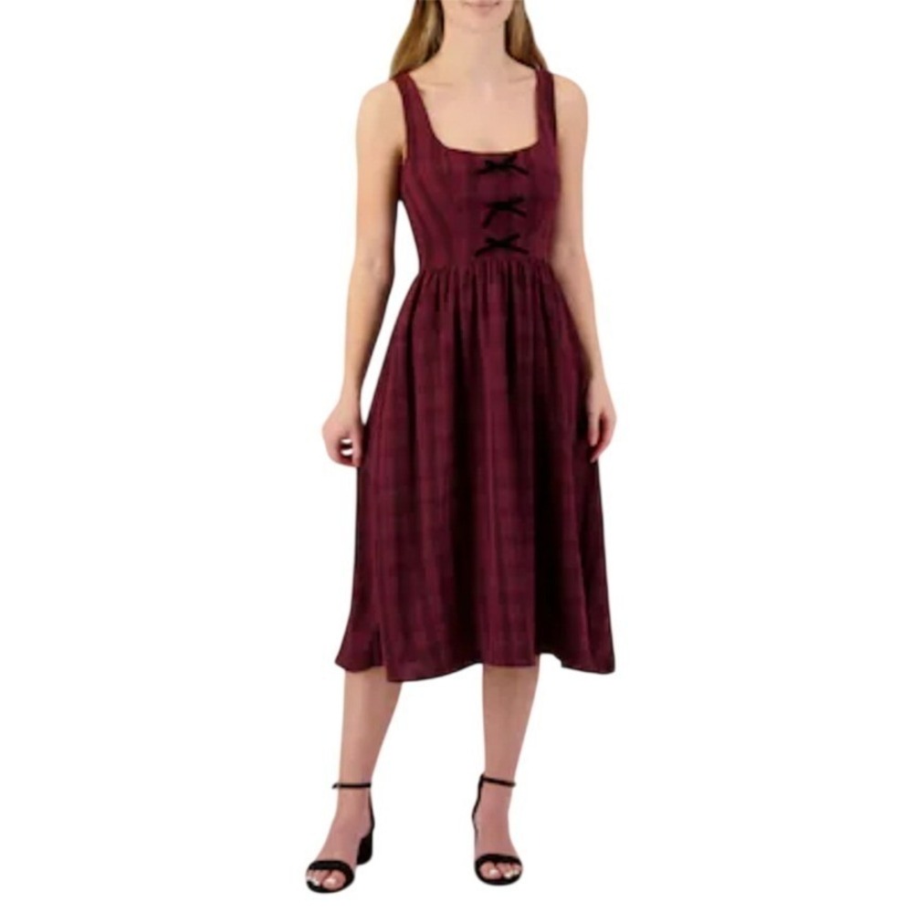Charmed Hearts Burgundy Plaid Midi Dress‎ Small Velvet Bows Smocked Back NWT $68